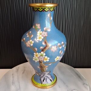 Mid-Century Chinese Cloisonné Cherry Blossom Blue Vase 10" Tall